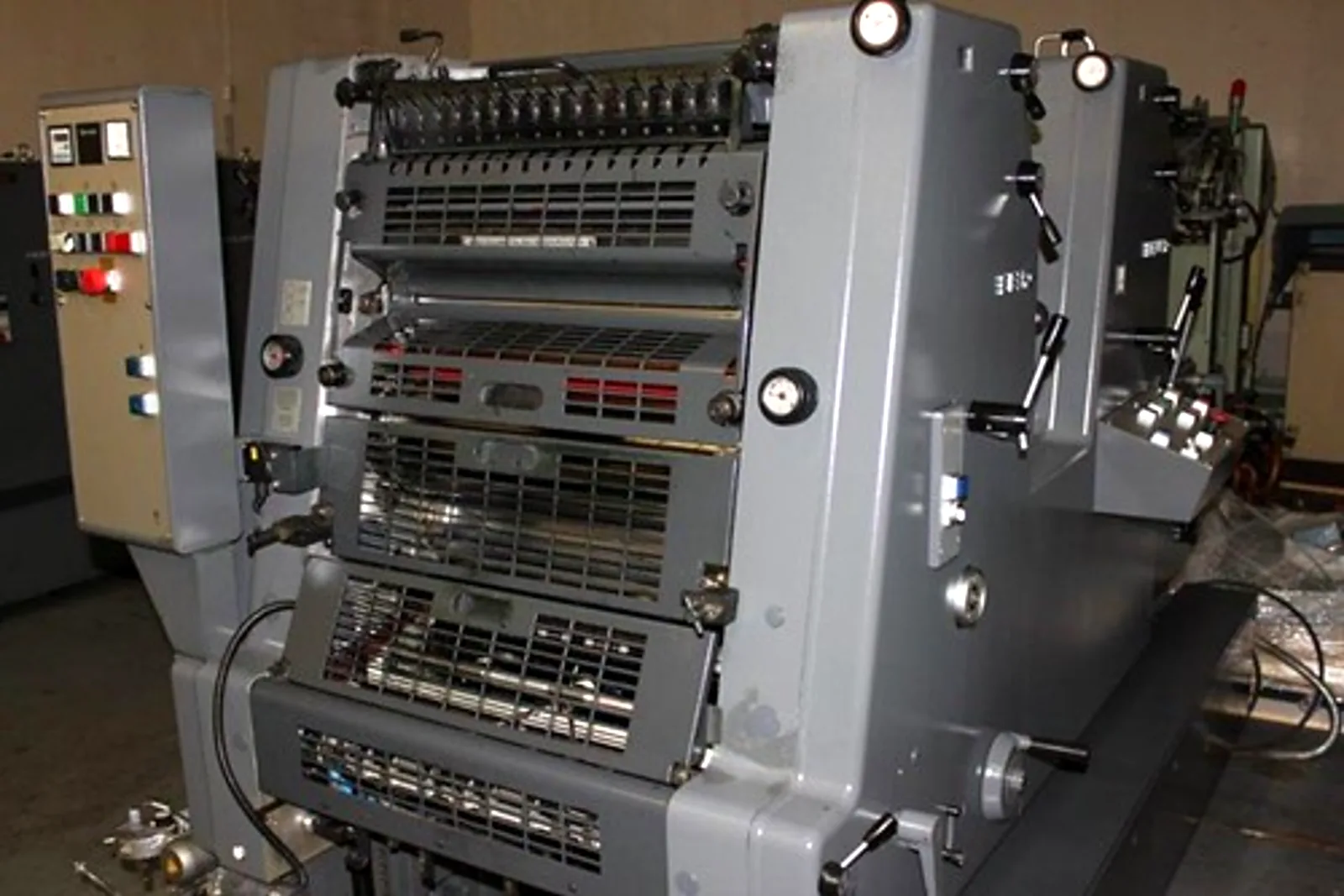 An offset printing press mid-run