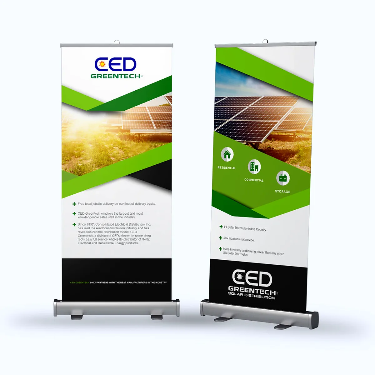 Printed roll-up banners standing in a shop
